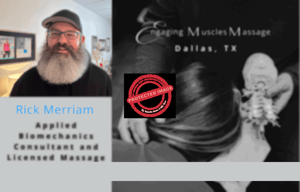 <img src="https://engagingmuscles.com/wp-content/uploads/2024/11/headshot-and-hand-massaging-shoulder.png" alt="A split image with a headshot of Rick Merriam and the words "Applied Biomechanics Consultant and Licensed Massage Therapist," on the left. On the right is a black-and-white image of Merriam's right hand massaging a client's neck and shoulder. There's a model of a cervical spine in his left hand. The text "Engaging Muscles Massage Dallas, TX" is overlayed at the top of the image" width="1200px" length="768" />